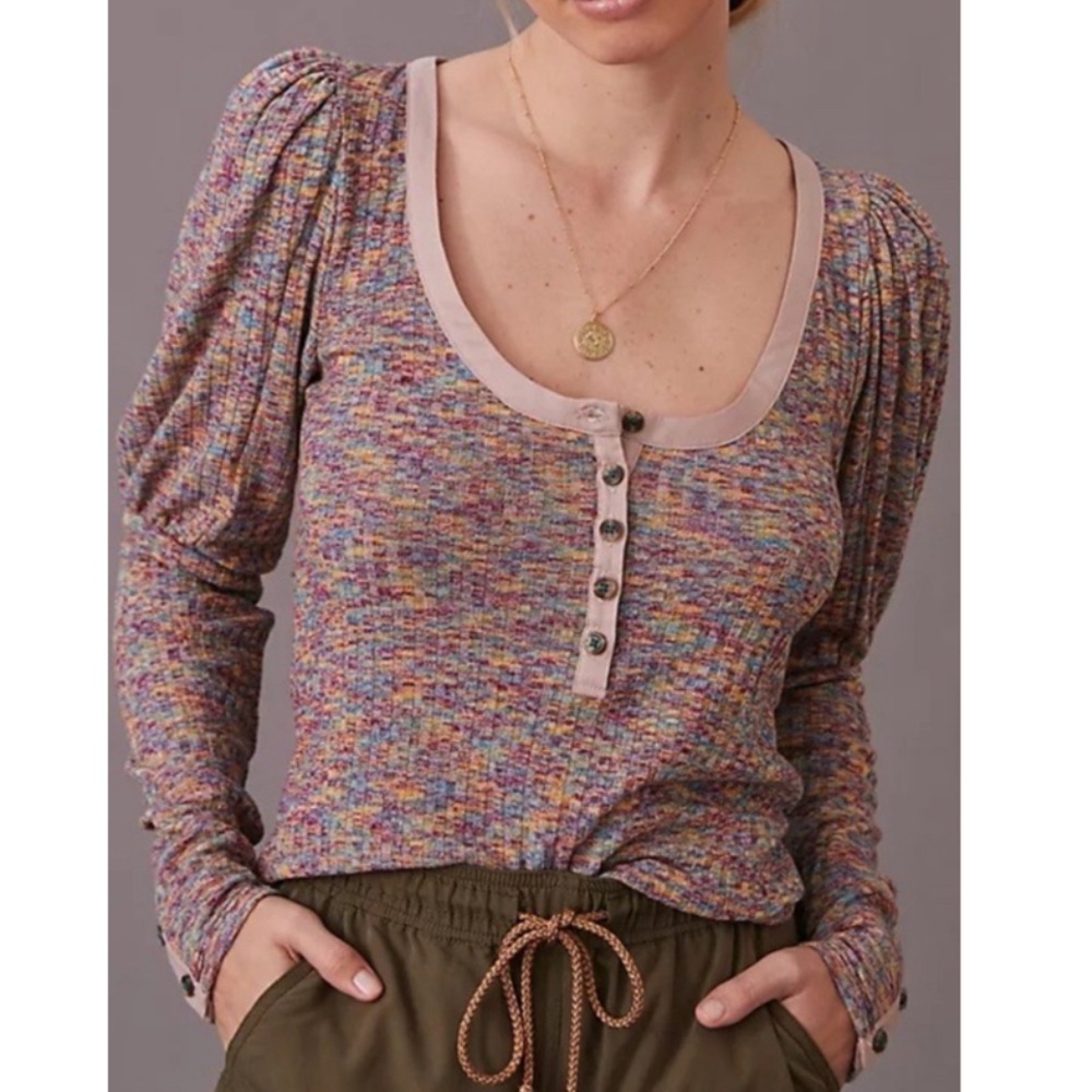 Anthropologie Henley Puff Sleeve Scoop Neck Knit Size S